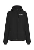 Schwarze wasserdichte Jacke mit Kapuze, Frontreißverschluss, Seitentaschen und O'Neill-Logo auf der Brust. Mit verstellbaren Klettverschluss-Handgelenkabschlüssen.