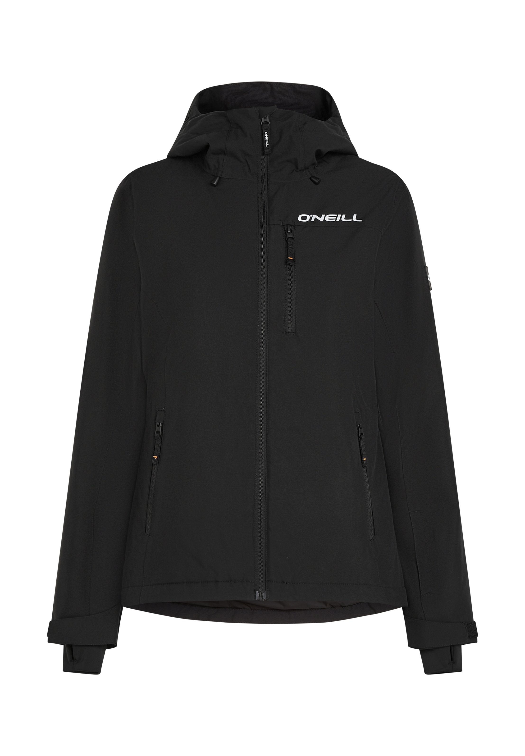 Schwarze wasserdichte Jacke mit Kapuze, Frontreißverschluss, Seitentaschen und O'Neill-Logo auf der Brust. Mit verstellbaren Klettverschluss-Handgelenkabschlüssen.