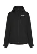 Schwarze wasserdichte Jacke mit Kapuze, Frontreißverschluss, Seitentaschen und O'Neill-Logo auf der Brust. Mit verstellbaren Klettverschluss-Handgelenkabschlüssen.