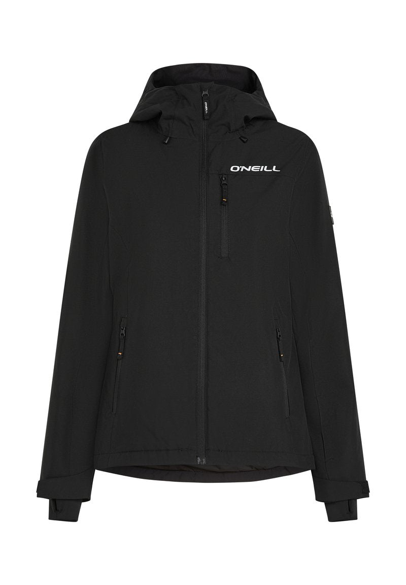 Schwarze wasserdichte Jacke mit Kapuze, Frontreißverschluss, Seitentaschen und O'Neill-Logo auf der Brust. Mit verstellbaren Klettverschluss-Handgelenkabschlüssen.