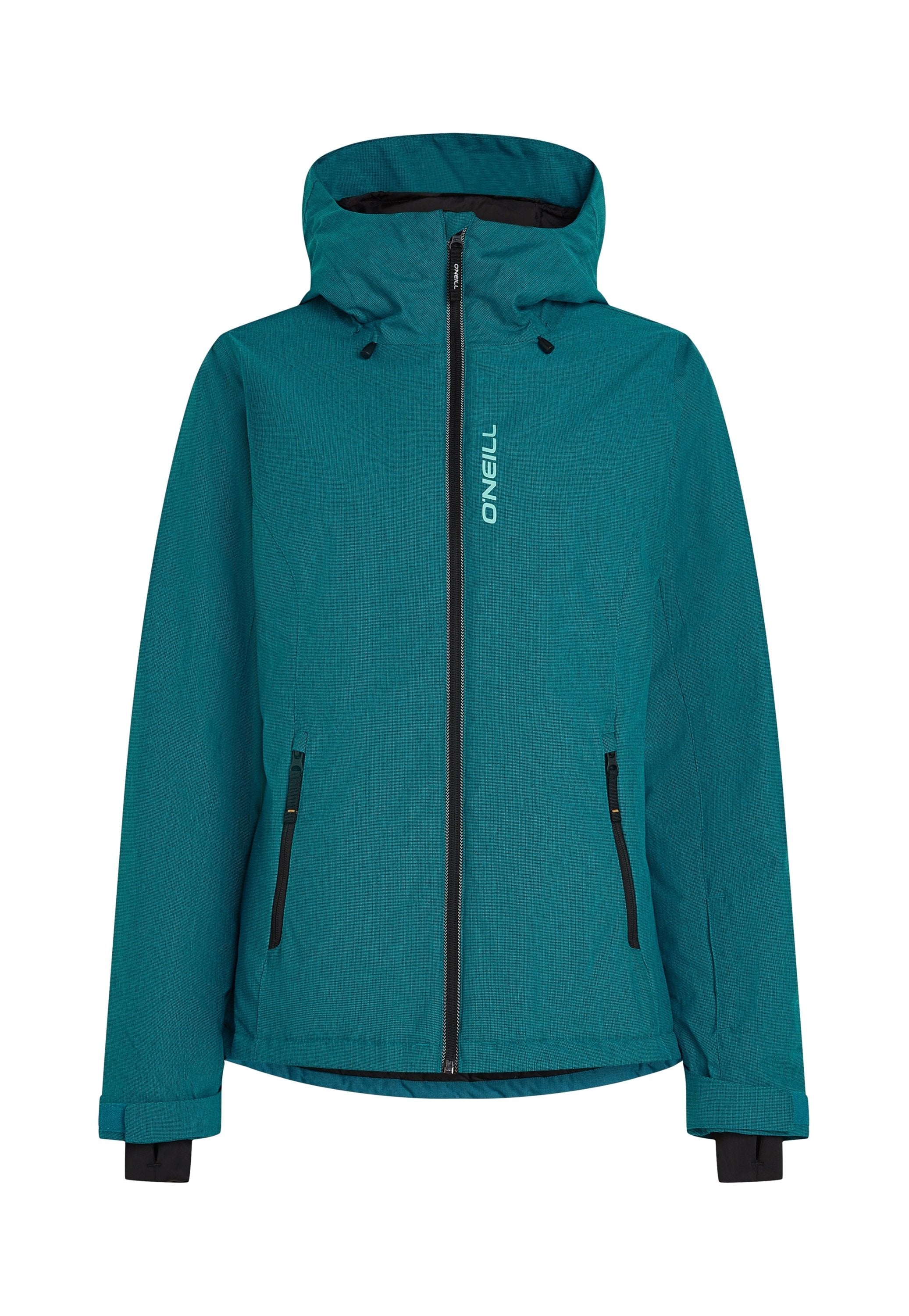 Teal O'Neill-Jacke mit durchgehendem Reißverschluss, verstellbarem Kapuze und schwarzen Reißverschlusstaschen. Strukturiertes Material mit kontrastierenden Farbakzenten.