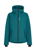 Teal O'Neill-Jacke mit durchgehendem Reißverschluss, verstellbarem Kapuze und schwarzen Reißverschlusstaschen. Strukturiertes Material mit kontrastierenden Farbakzenten.