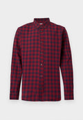 Rot- und marineblau kariertes langärmliges Hemd mit durchgehender Knopfleiste, Button-Down-Kragen und einer Brusttasche.