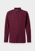 Rot- und marineblau kariertes langärmliges Hemd mit durchgehender Knopfleiste, Button-Down-Kragen und einer Brusttasche.