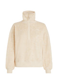 Beiger weicher Fleece-Pullover mit hohem Kragen, halbem Reißverschluss, gerippten Bündchen und dezentem Leopardenmuster, gebrandet mit O'Neill auf der Brust.