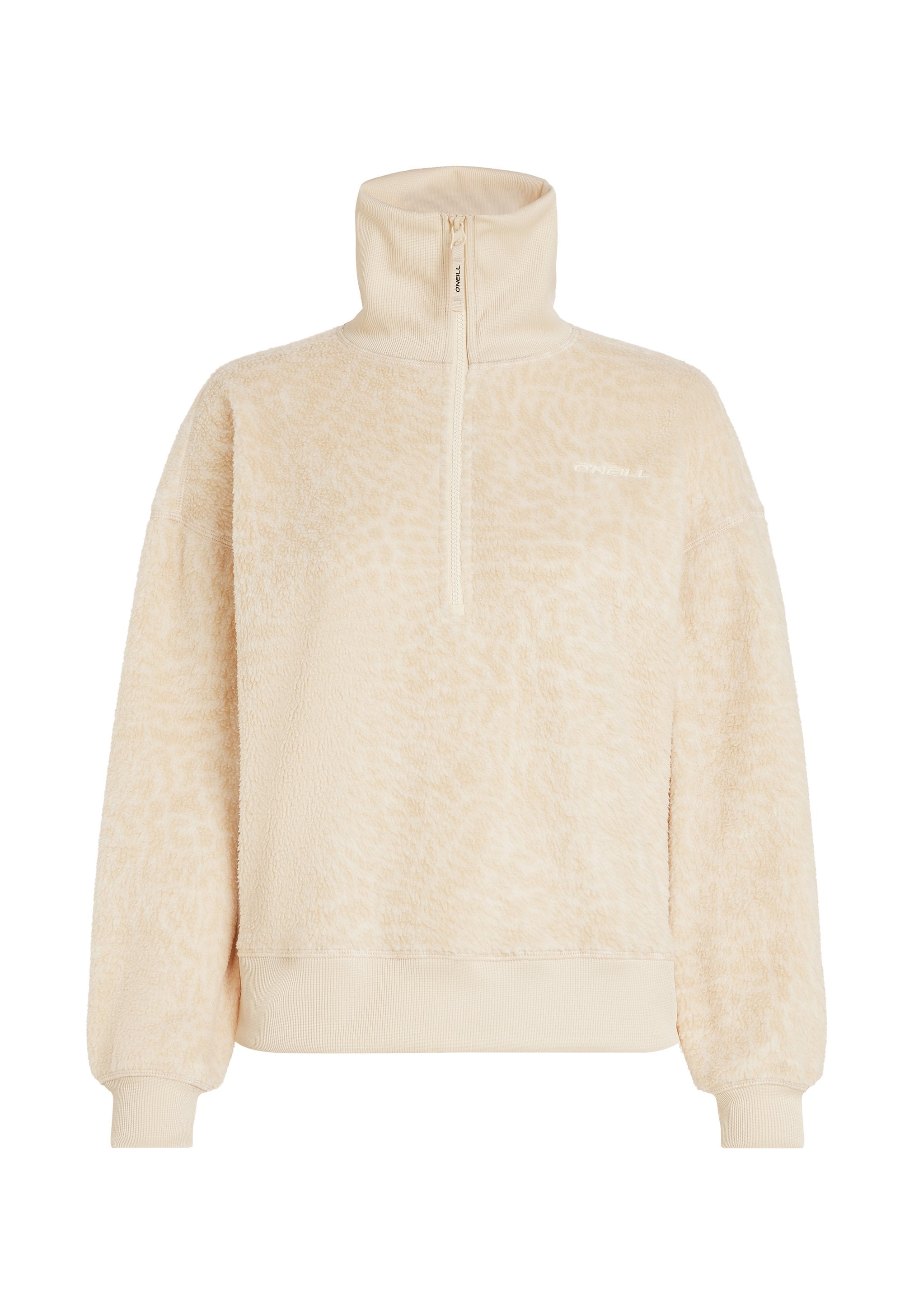Beiger weicher Fleece-Pullover mit hohem Kragen, halbem Reißverschluss, gerippten Bündchen und dezentem Leopardenmuster, gebrandet mit O'Neill auf der Brust.
