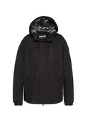 Schwarze wasserdichte Jacke mit Kapuze, Reißverschluss vorne, elastischen Bündchen und Seitentaschen. Das gefütterte Innere zeigt ein Netzmuster.