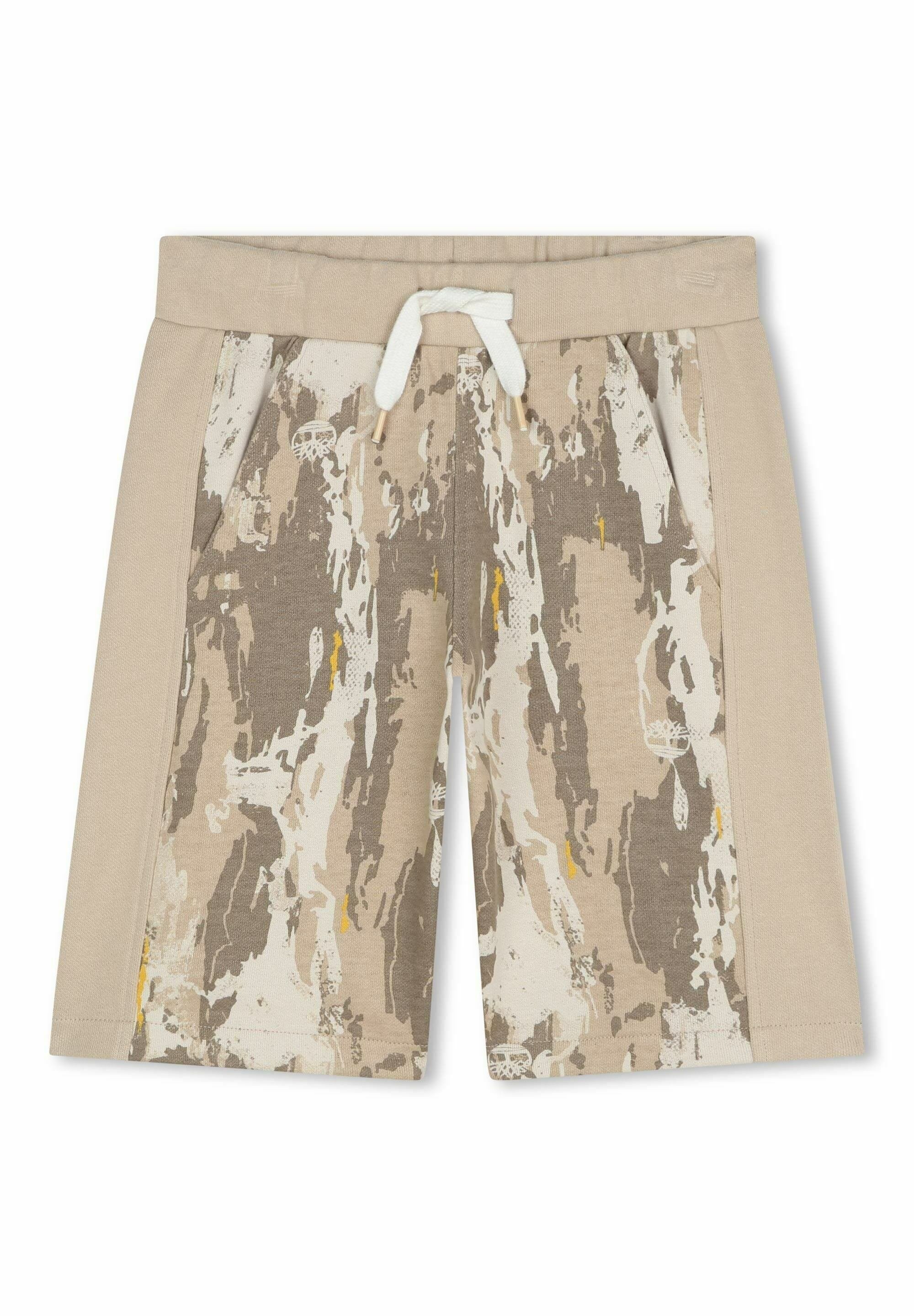 Beige Shorts mit einem strukturierten abstrakten Muster in Brauntönen, Creme und Gelb. Sie verfügen über einen elastischen Bund mit einer weißen Kordel.