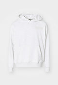 Grauer Baumwoll-Hoodie mit einer Kängurutasche, Kapuze mit Kordelzug und einem dezenten gestickten Sternenmotiv auf der Brust. Glatte Textur.