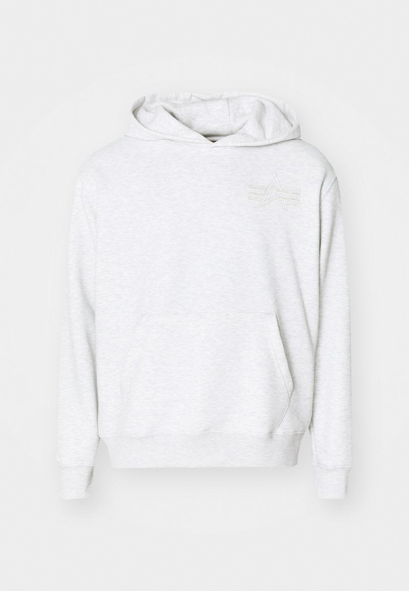 Grauer Baumwoll-Hoodie mit einer Kängurutasche, Kapuze mit Kordelzug und einem dezenten gestickten Sternenmotiv auf der Brust. Glatte Textur.