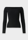 Schwarzer gerippter Off-Shoulder-Pullover mit langen Ärmeln, taillierter Form und strukturiertem Material, geeignet zum Layering oder als Einzelstück.