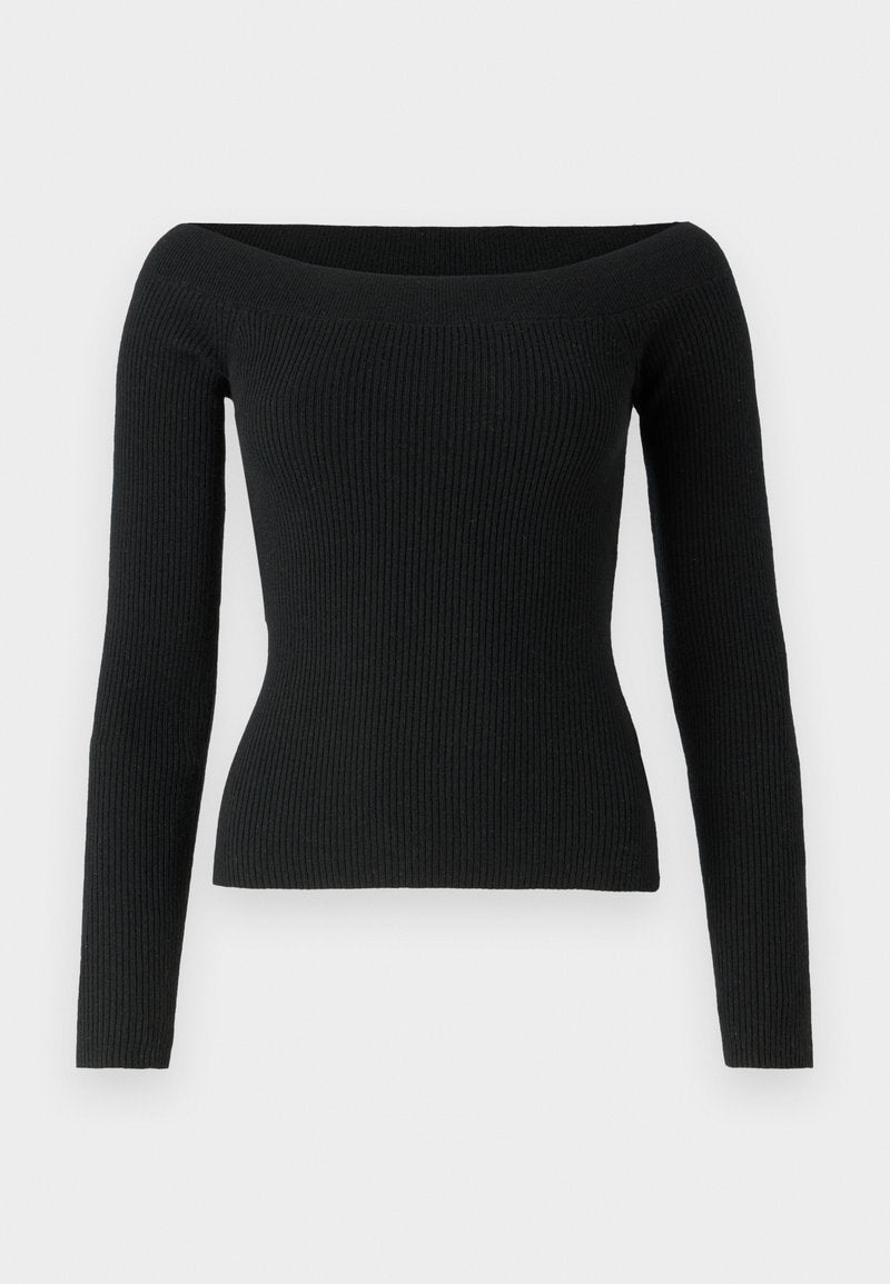 Schwarzer gerippter Off-Shoulder-Pullover mit langen Ärmeln, taillierter Form und strukturiertem Material, geeignet zum Layering oder als Einzelstück.
