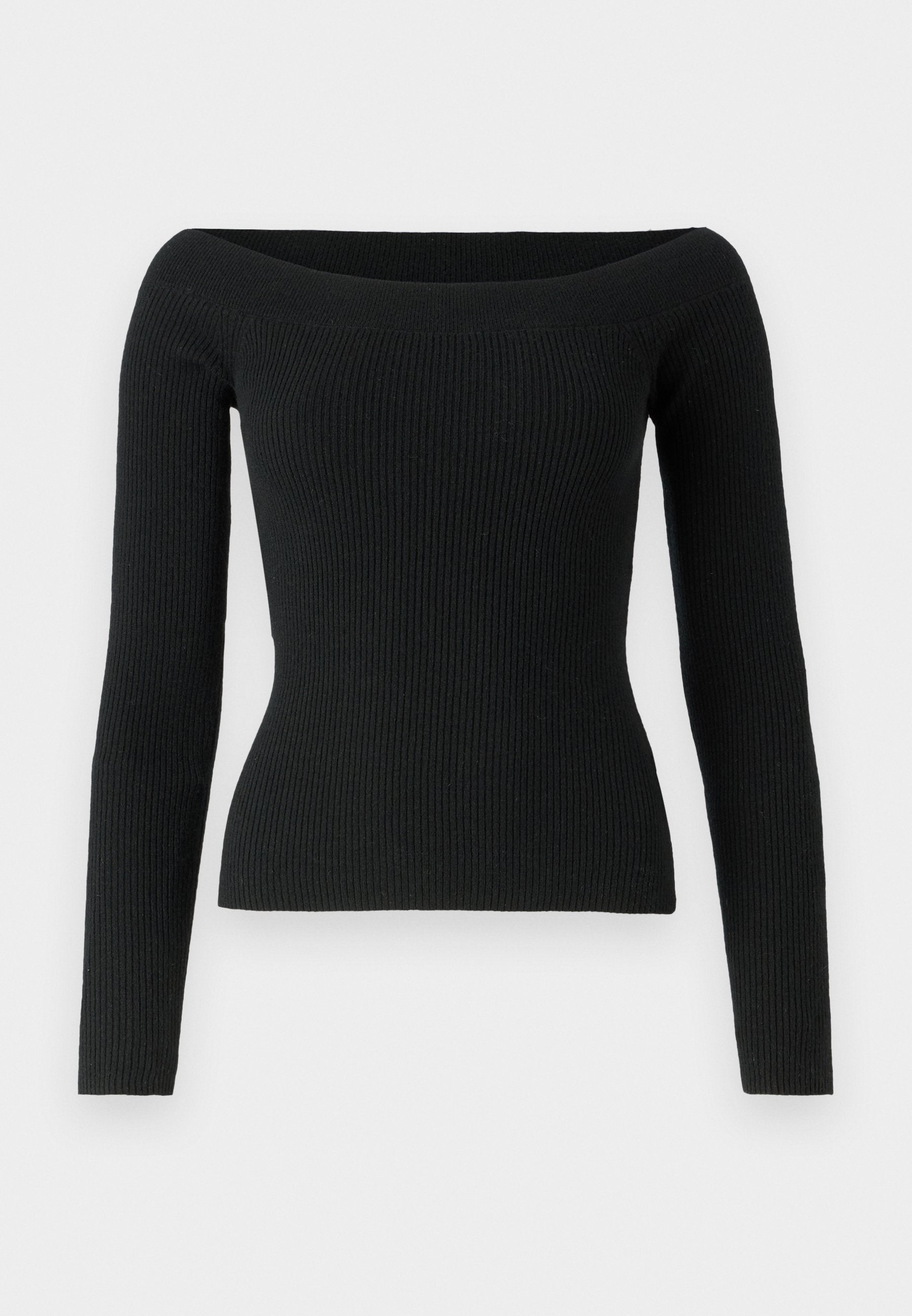 Schwarzer gerippter Off-Shoulder-Pullover mit langen Ärmeln, taillierter Form und strukturiertem Material, geeignet zum Layering oder als Einzelstück.