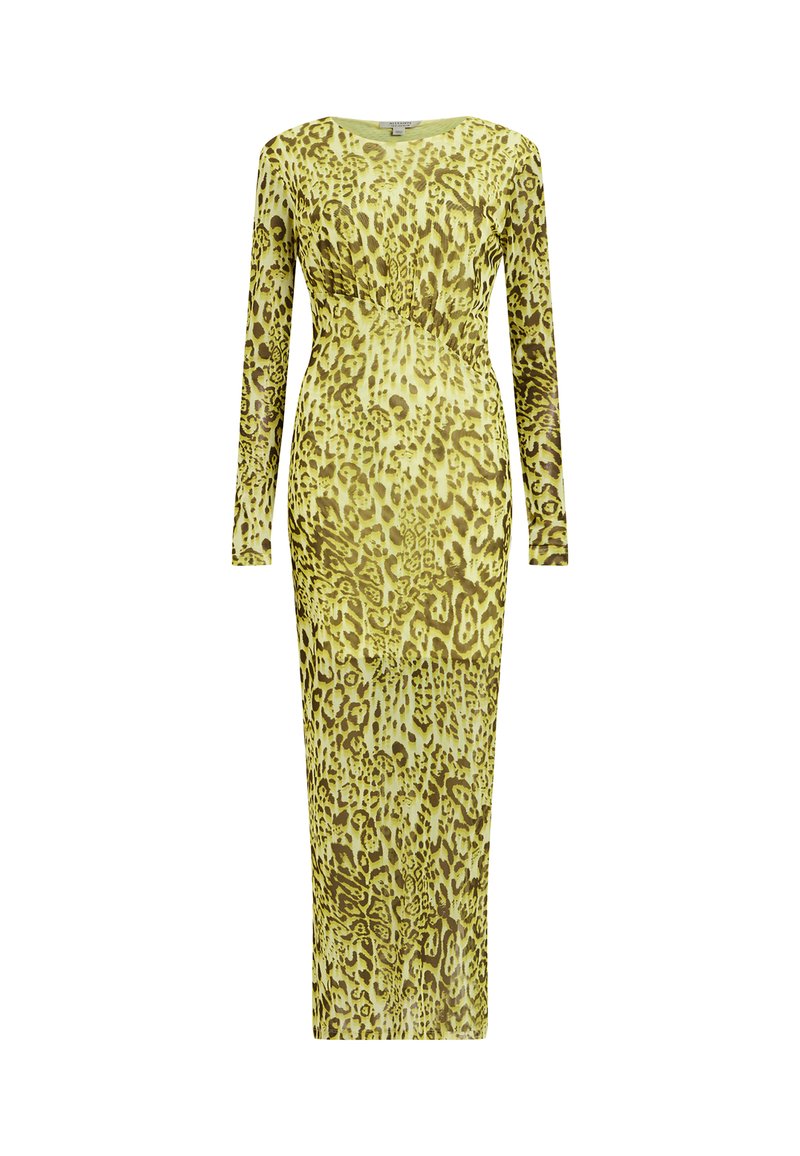 Maxikleid mit langen Ärmeln in Hellgrün, das mit einem Leopardenmuster in Braun versehen ist. Es hat eine taillierte Silhouette und einen runden Halsausschnitt.