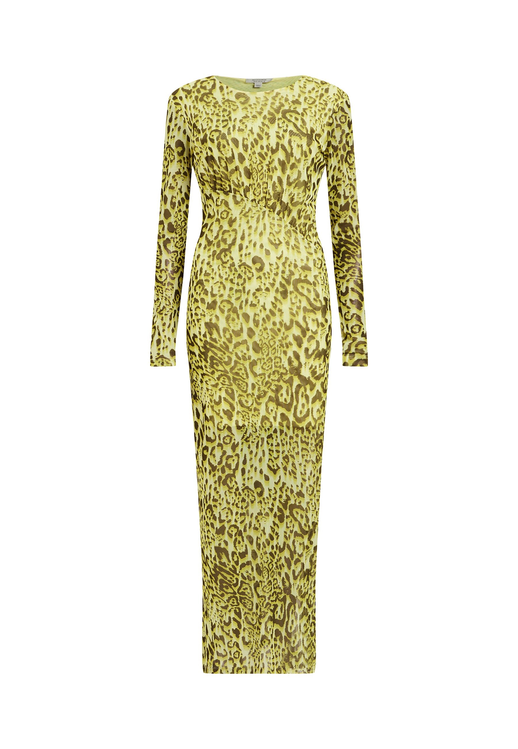 Maxikleid mit langen Ärmeln in Hellgrün, das mit einem Leopardenmuster in Braun versehen ist. Es hat eine taillierte Silhouette und einen runden Halsausschnitt.