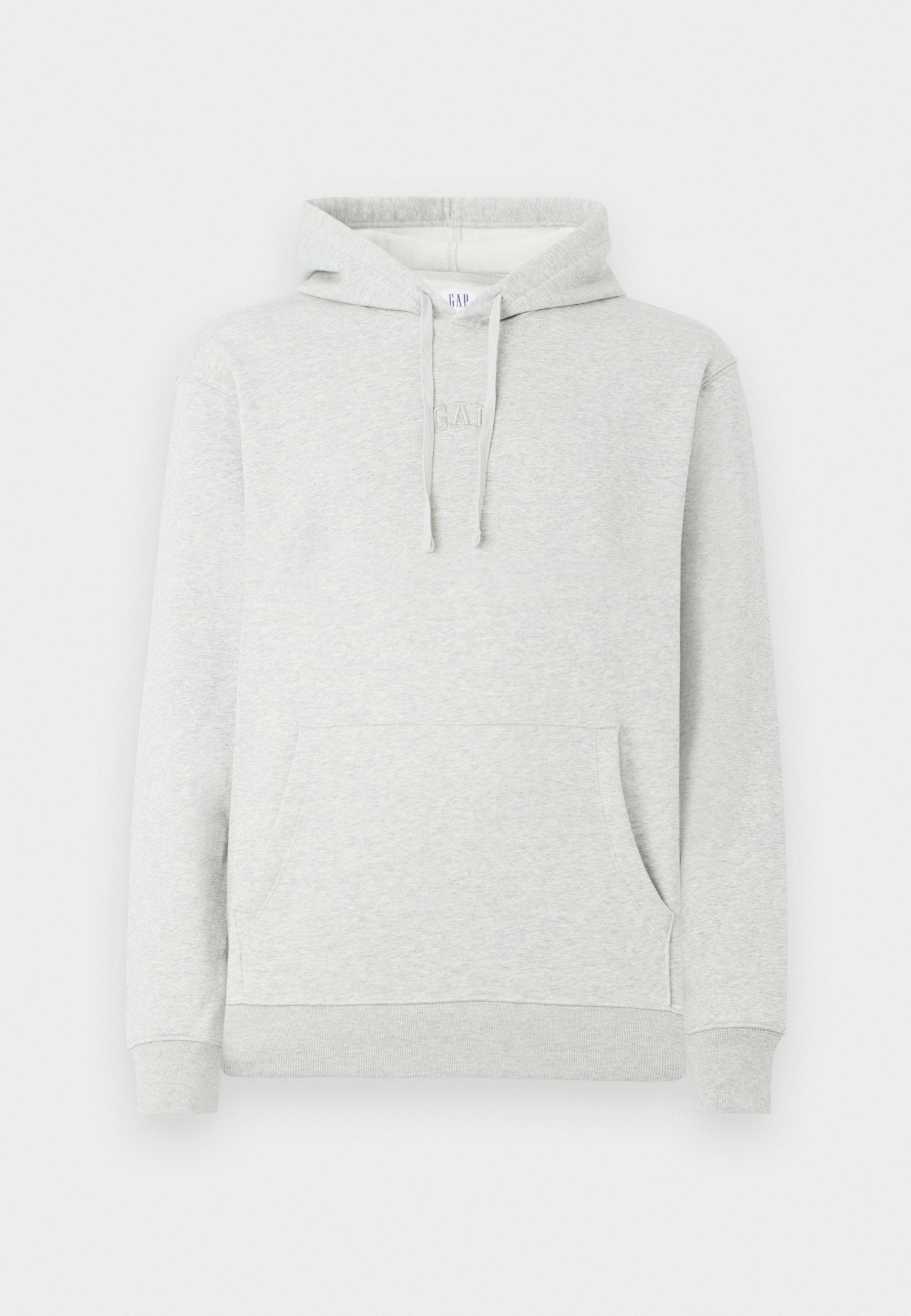 Hellgrauer Hoodie mit einer Kordelzugkapuze, Taschen vorne, gerippten Bündchen und Saum, sowie einem dezenten, eingeprägten Logo auf der Brust.