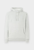 Hellgrauer Hoodie mit einer Kordelzugkapuze, Taschen vorne, gerippten Bündchen und Saum, sowie einem dezenten, eingeprägten Logo auf der Brust.