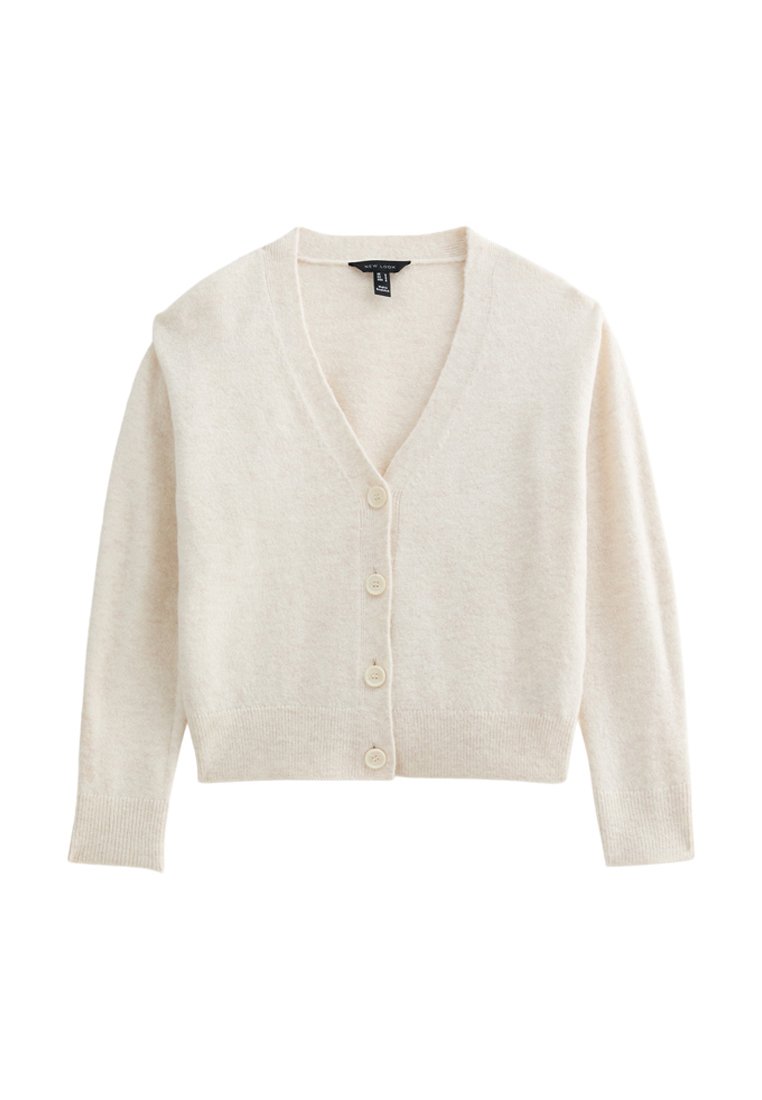 cremefarbener Cardigan aus weichem Strickstoff. Mit V-Ausschnitt, langen Ärmeln und Knöpfen vorne. Rippbündchen und Saum.