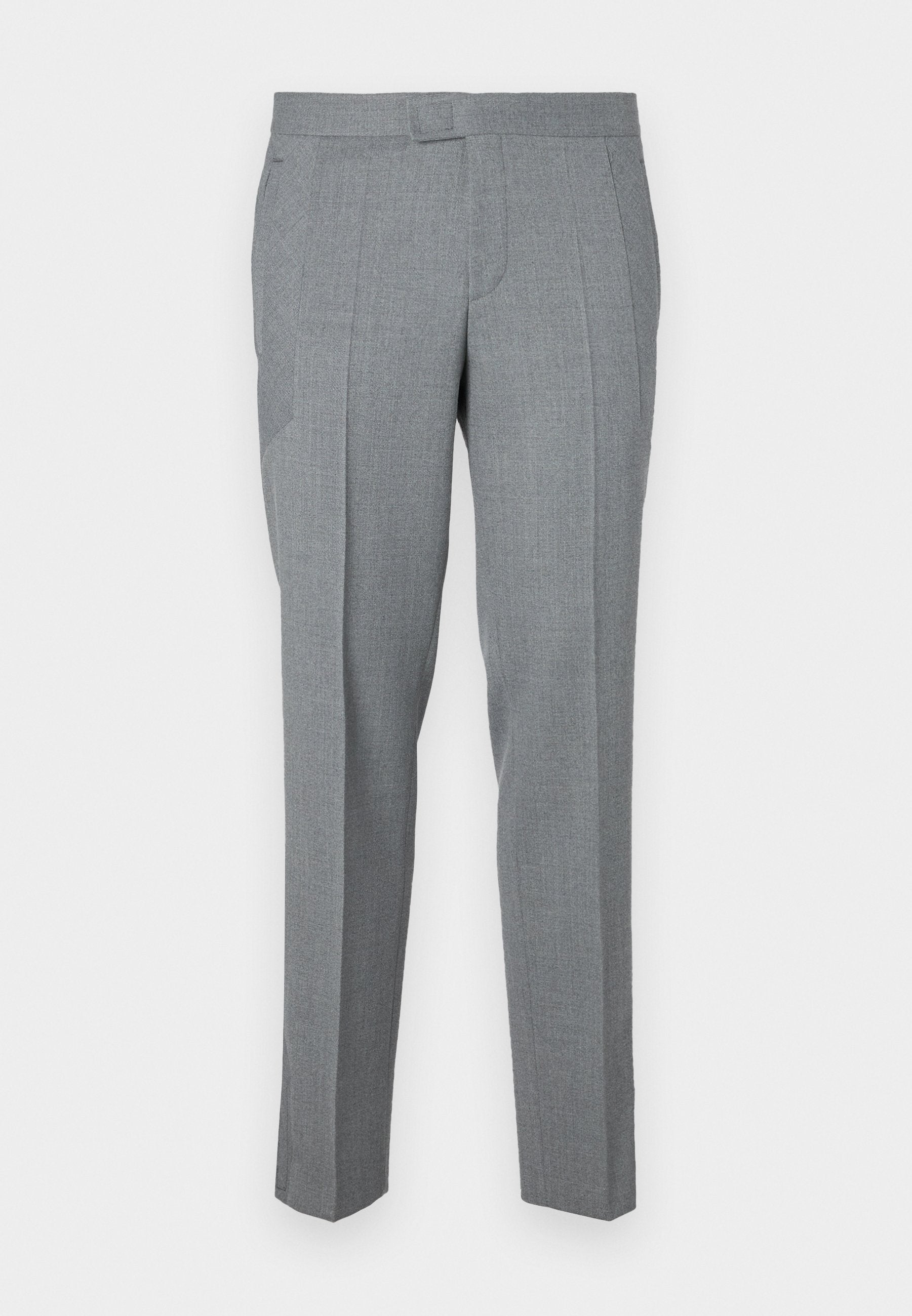 Grau maßgeschneiderte Hose aus strukturiertem Stoff, mit flachem Vorderteil, Gürtelschlaufen und zwei Seitentaschen. Gerades Bein-Design.