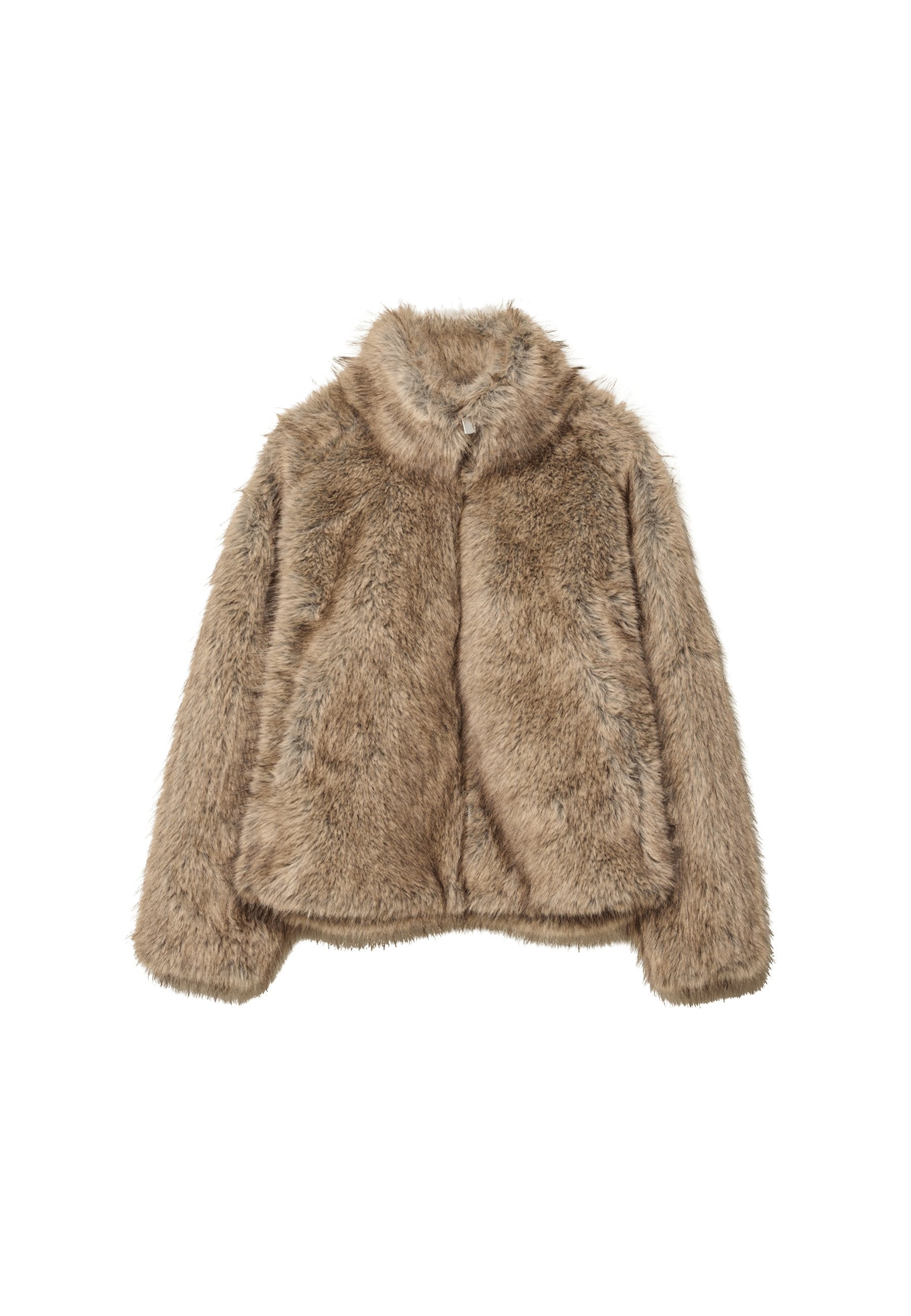 Kunstpelzjacke in Brauntönen mit einem runden Kragen und cropped Design sowie langen Ärmeln. Weiche, strukturierte Außenseite. Keine sichtbaren Verschlüsse.