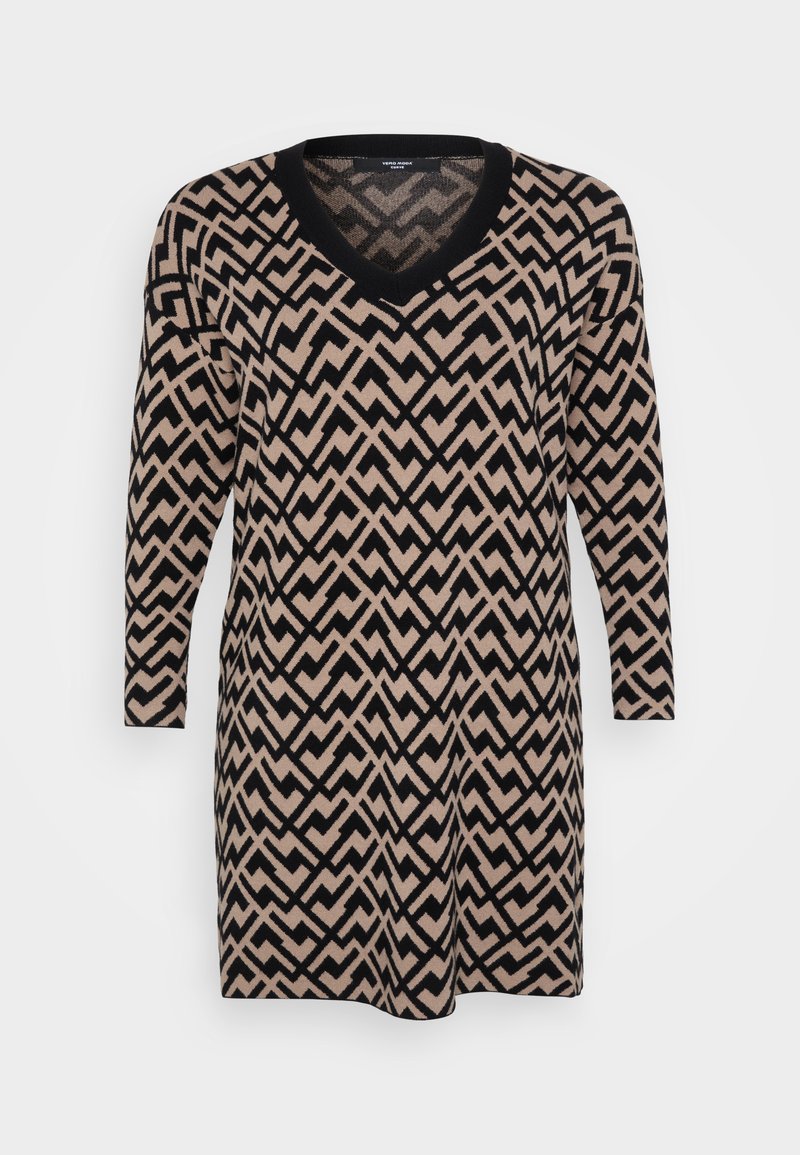 Strickkleid mit V-Ausschnitt, langen Ärmeln und einem Zickzackmuster in Schwarz und Beige, gefertigt aus weichem Material und mit lockerer Passform.