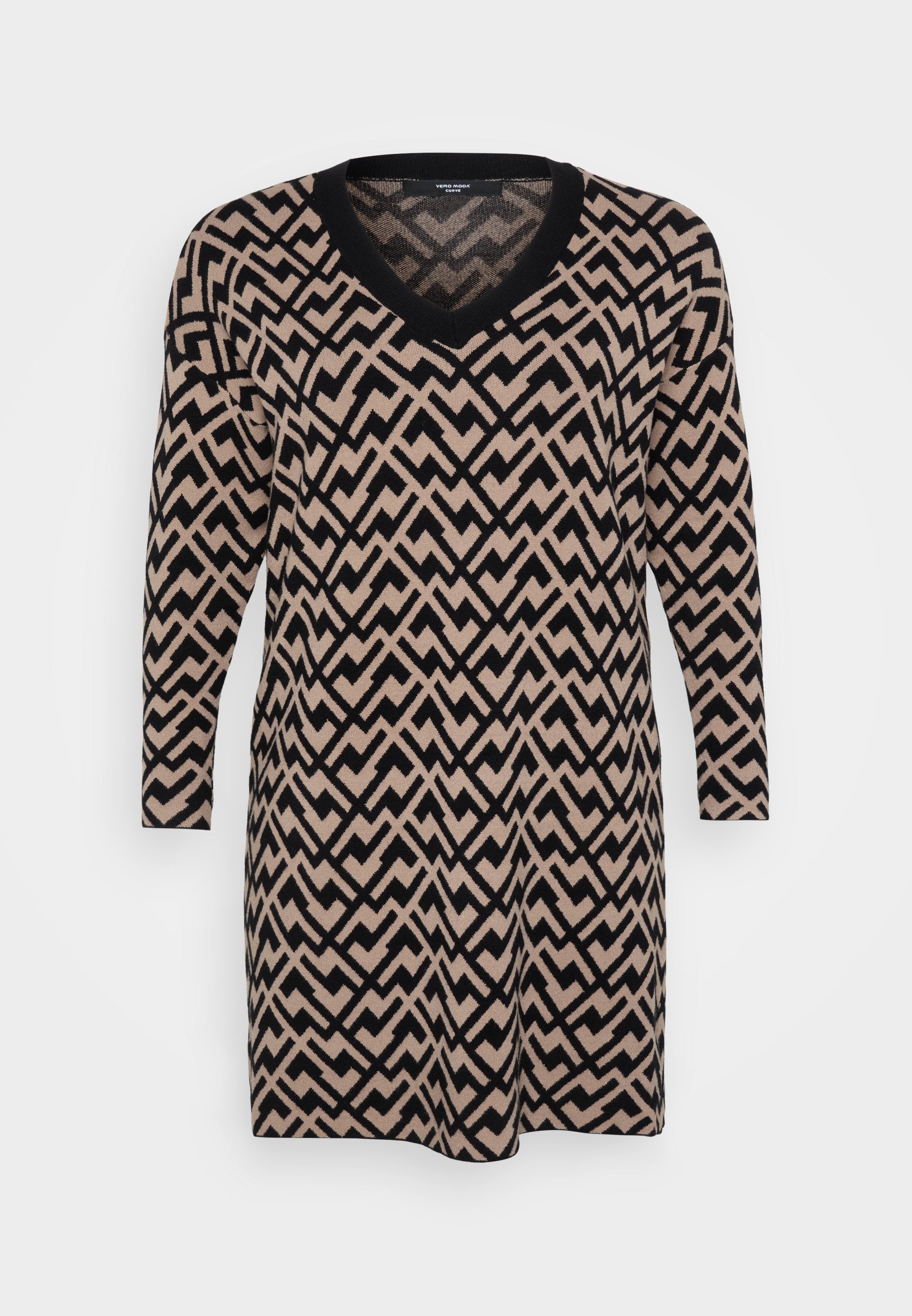 Strickkleid mit V-Ausschnitt, langen Ärmeln und einem Zickzackmuster in Schwarz und Beige, gefertigt aus weichem Material und mit lockerer Passform.