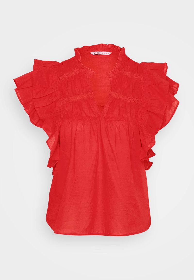 Rote Bluse mit kurzen Rüschensäumen, einem V-Ausschnitt und geraffter Textur. Hergestellt aus leichtem Stoff, mit lockerem Schnitt.