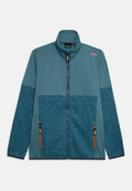 Fleecejacke in dunkelblaugrün mit gerippter Textur, kontrastierenden blauen Einsätzen, einem hohen Kragen und einem Frontreißverschluss mit orangenen Akzenten.