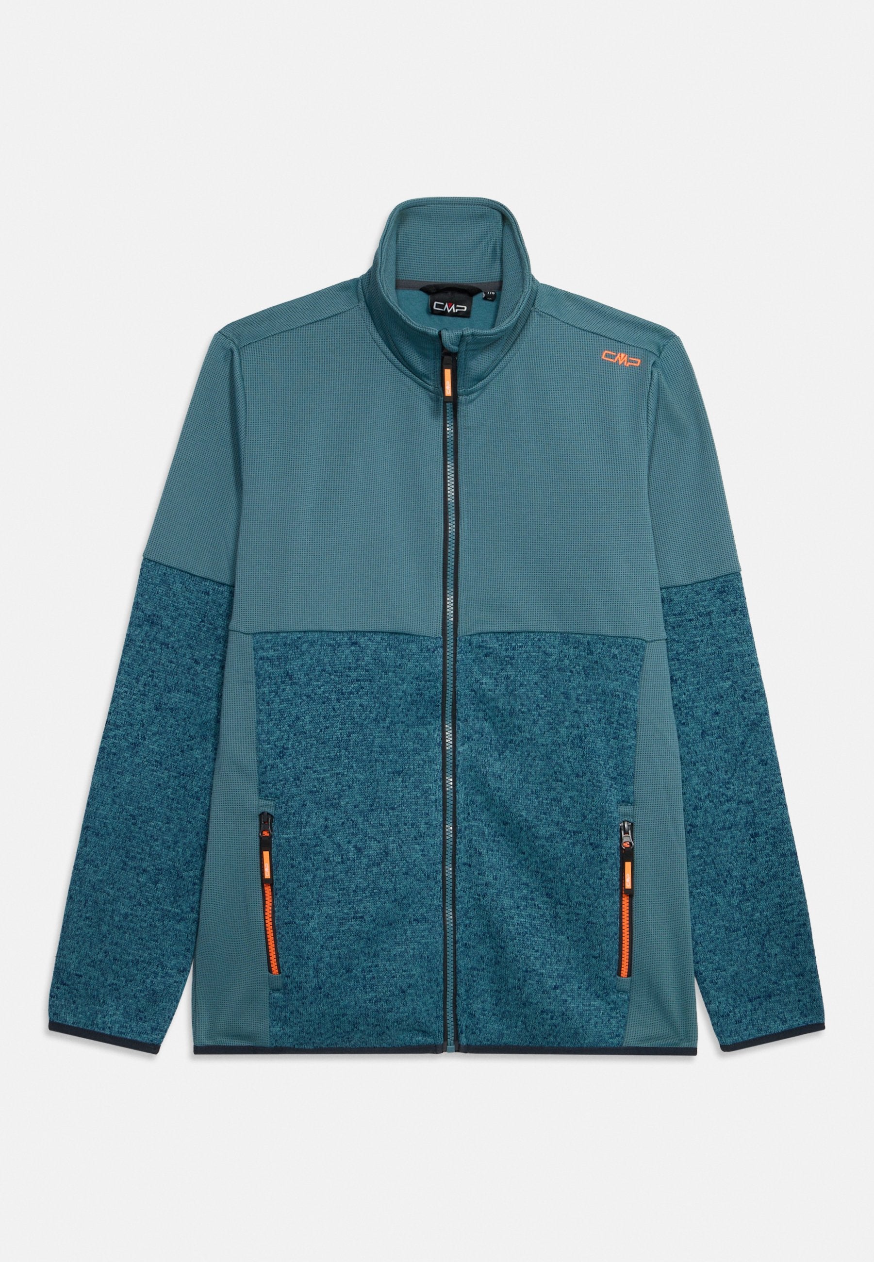 Fleecejacke in dunkelblaugrün mit gerippter Textur, kontrastierenden blauen Einsätzen, einem hohen Kragen und einem Frontreißverschluss mit orangenen Akzenten.