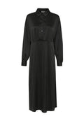 Schwarz, langärmliges Kleid mit Kragen und Knopfverschluss. Hergestellt aus einem glatten Material mit lockerer Passform und gerafftem Taillendetail.