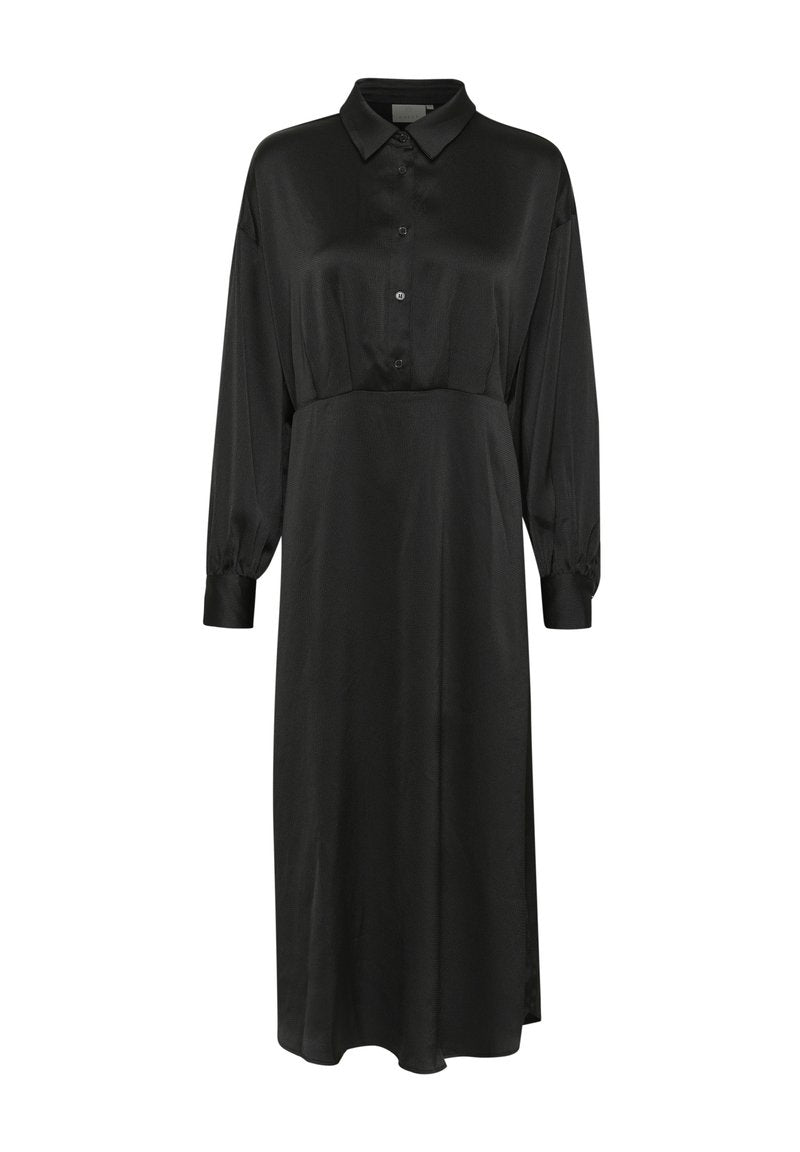 Schwarz, langärmliges Kleid mit Kragen und Knopfverschluss. Hergestellt aus einem glatten Material mit lockerer Passform und gerafftem Taillendetail.