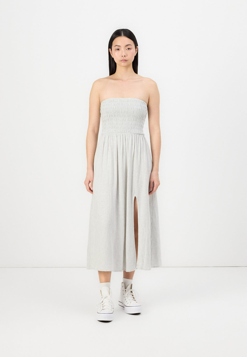 Hollister Co. STRAPLESS LINEN DROP WAIST CHANNELED MIDI DRESS