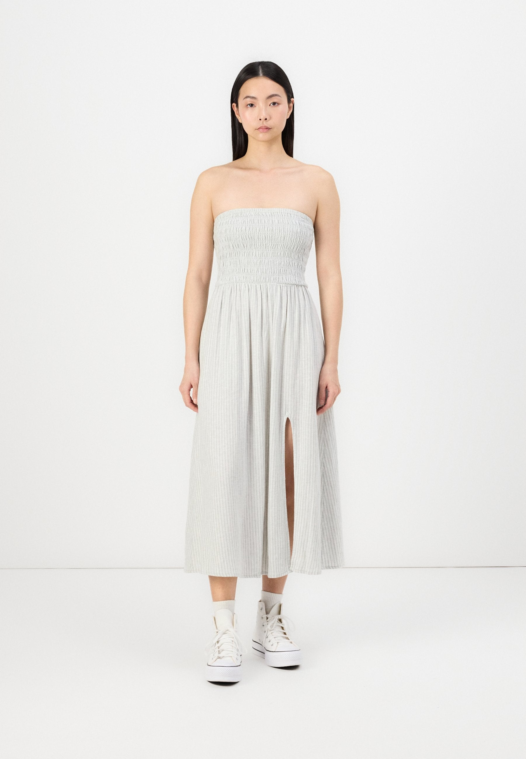 Hollister Co. STRAPLESS LINEN DROP WAIST CHANNELED MIDI DRESS