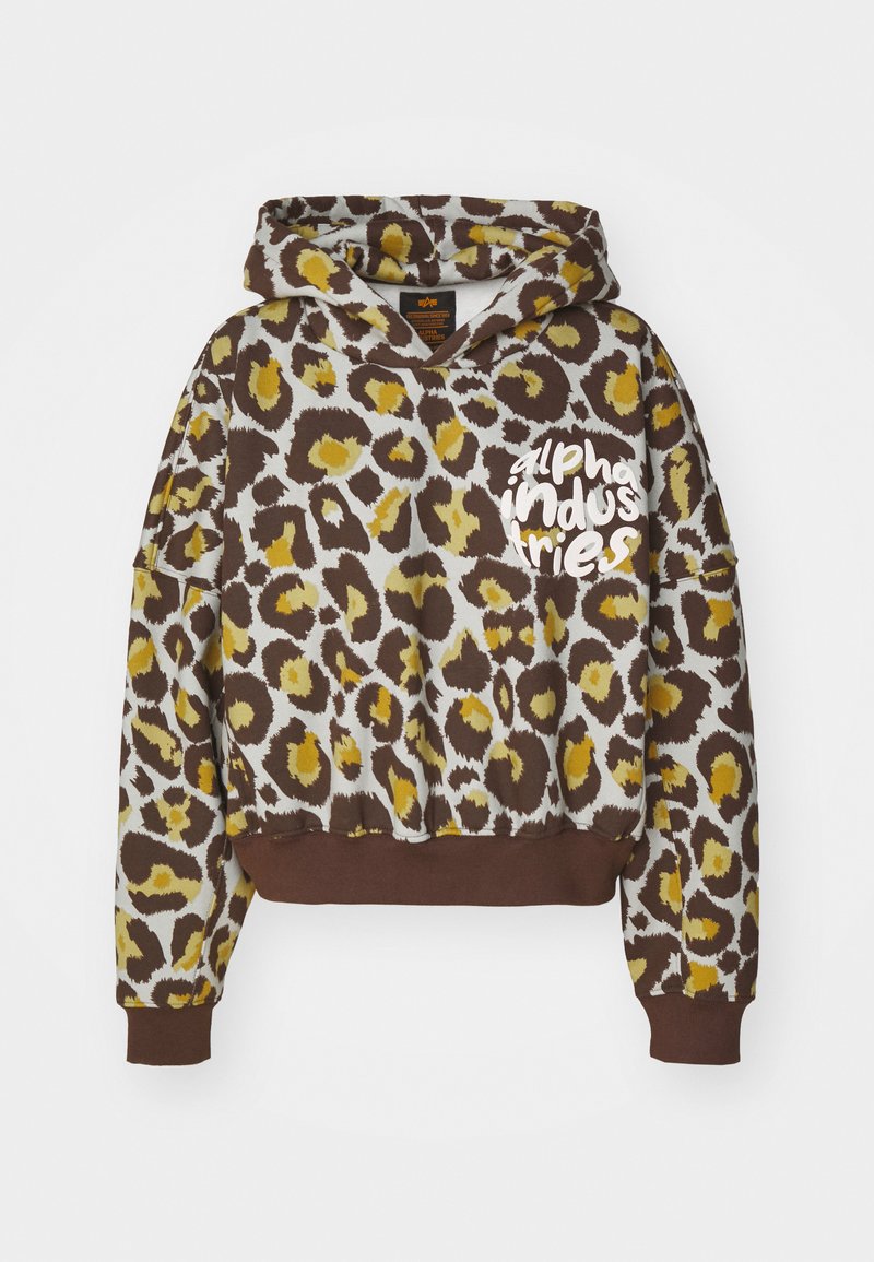 Gekürzter Kapuzenpullover mit einem braunen, gelben und cremefarbenen Leopardenmuster und einem weißen Logo auf der Vorderseite. Weicher Stoff, gerippte Manschetten.