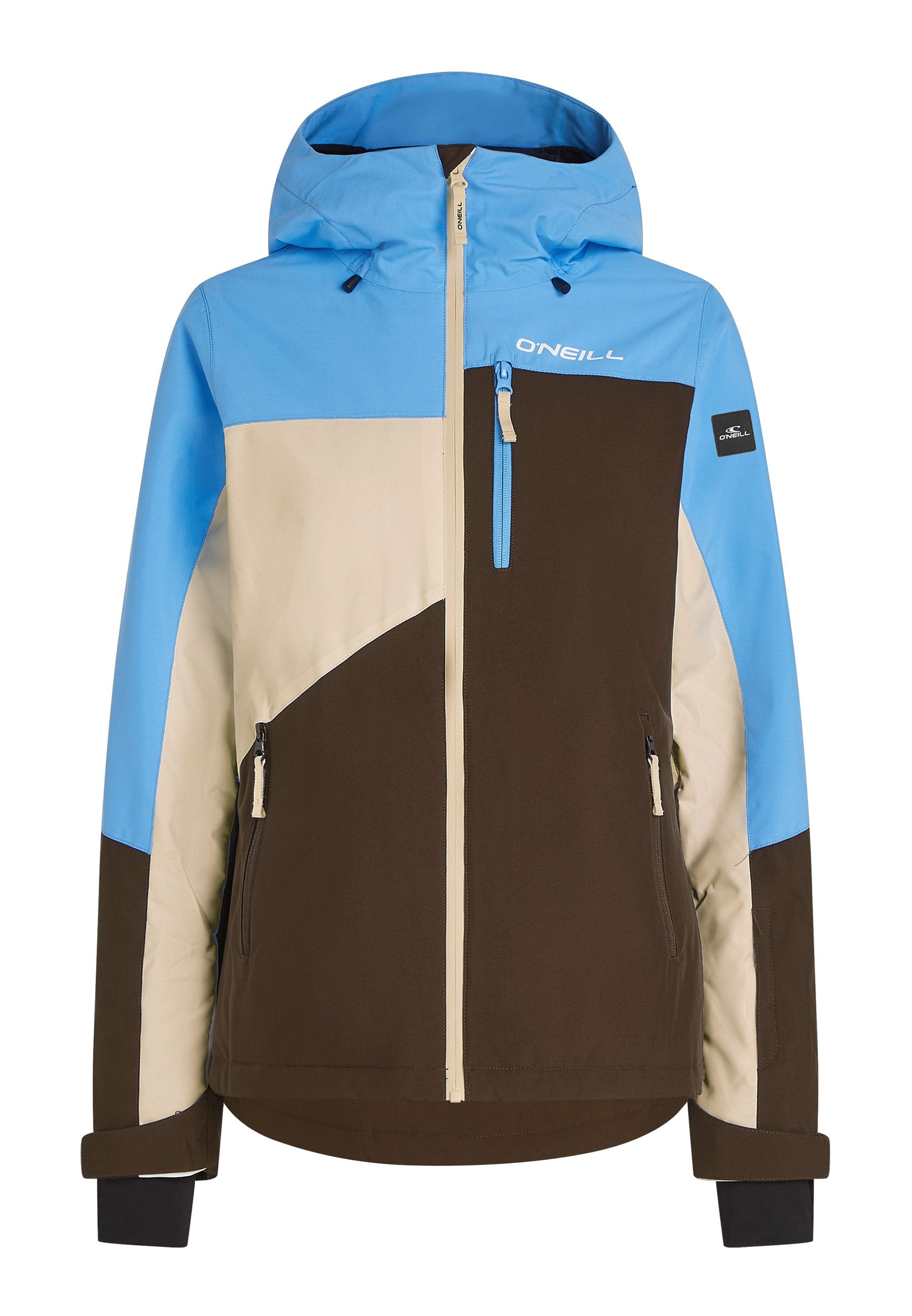 Bunte Skijacke mit einem Farbblockdesign in Blau, Braun und Beige. Verfügt über eine Brusttasche mit Reißverschluss und verstellbare Ärmelbündchen.