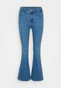 Blaue, ausgestellt geschnittene Jeans aus Denim mit hoher Taille, ausgestattet mit einem doppelten Knopfverschluss und zwei vorderen Taschen. Glatte Textur, minimaler Verblassungsgrad.