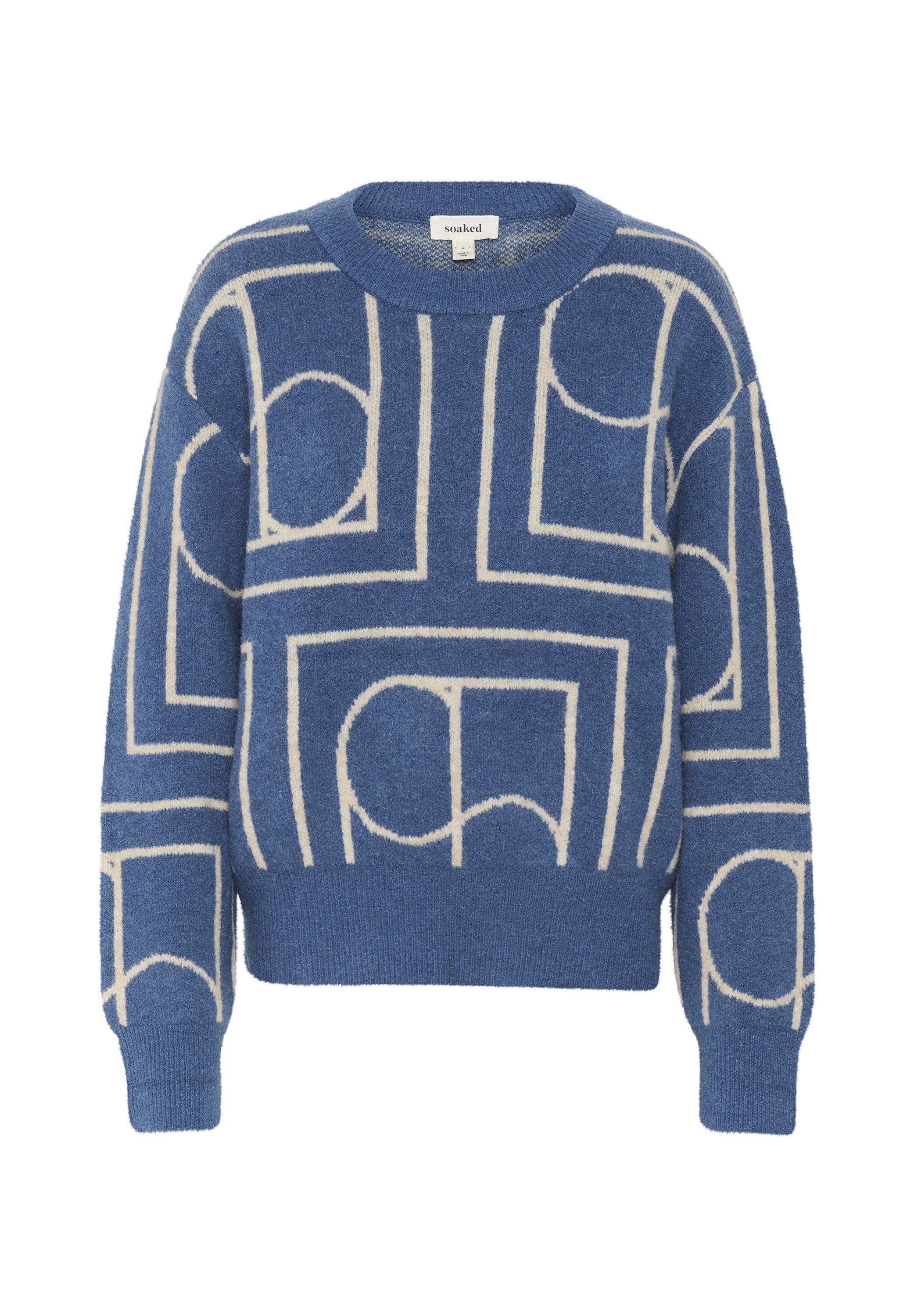 Blauer gestrickter Pullover mit cremefarbenen geometrischen Mustern, mit einem runden Ausschnitt, Rippbündchen und Saum, aus weichem, strukturiertem Stoff.