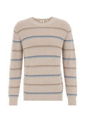 Beige Strickpullover mit horizontalen Streifen in Hellblau und Braun. Verfügt über einen runden Halsausschnitt und gerippte Bündchen. Strukturierter Stoff.
