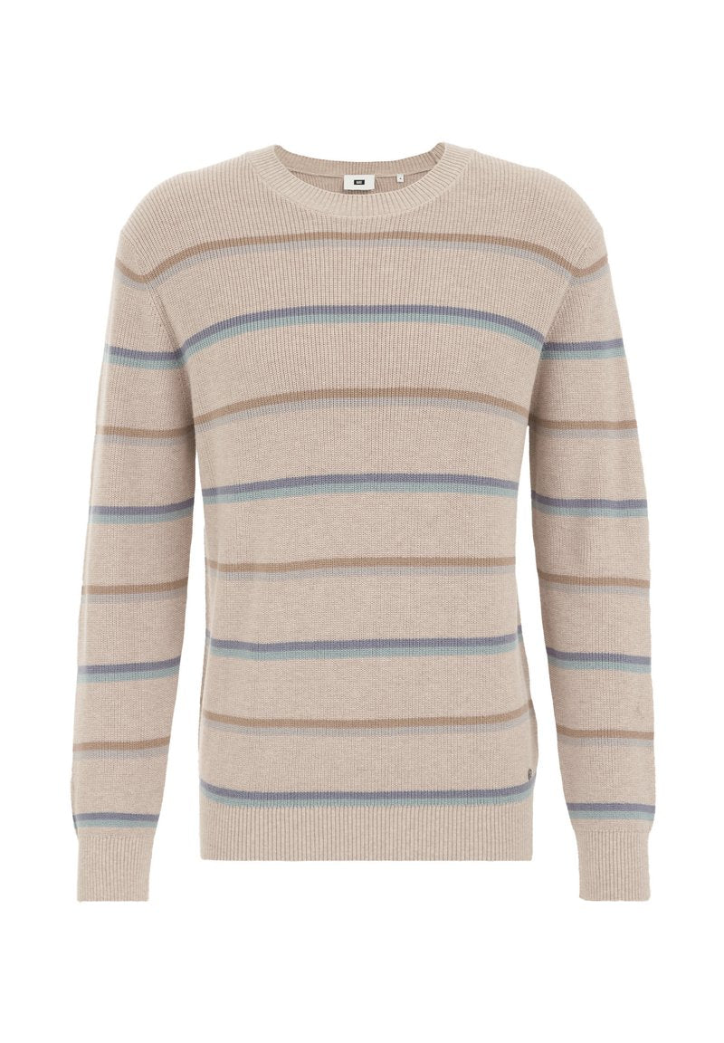 Beige Strickpullover mit horizontalen Streifen in Hellblau und Braun. Verfügt über einen runden Halsausschnitt und gerippte Bündchen. Strukturierter Stoff.