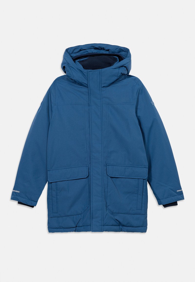 Blaue isolierte Parka-Jacke mit Kapuze. Verfügt über zwei große Fronttaschen, einen Reißverschluss und Knopfverschluss sowie elastische Bündchen mit reflektierenden Akzenten.