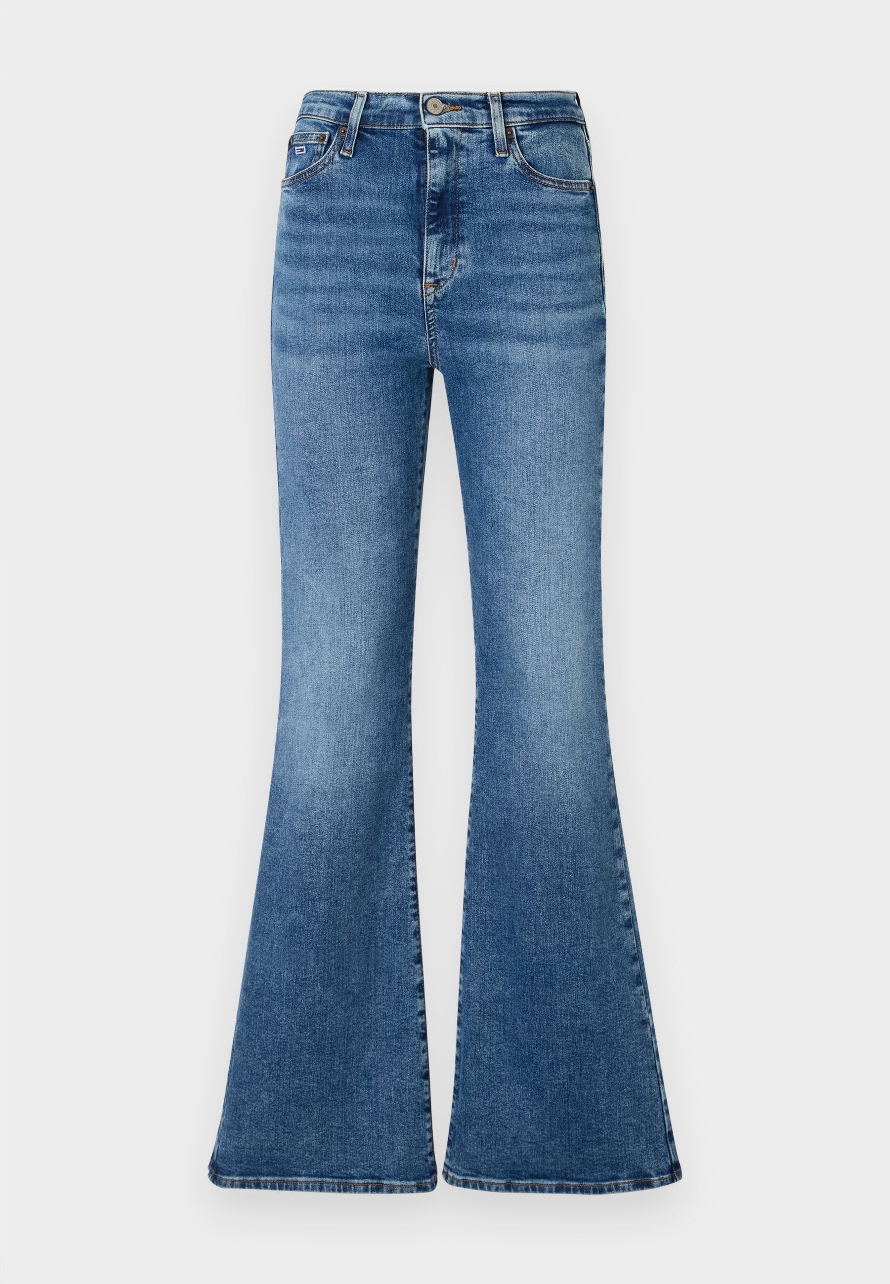 Ausgestellte blaue Jeans aus Denim mit hoher Taille, leichter Ausbleichung und klassischem Fünf-Taschen-Design.