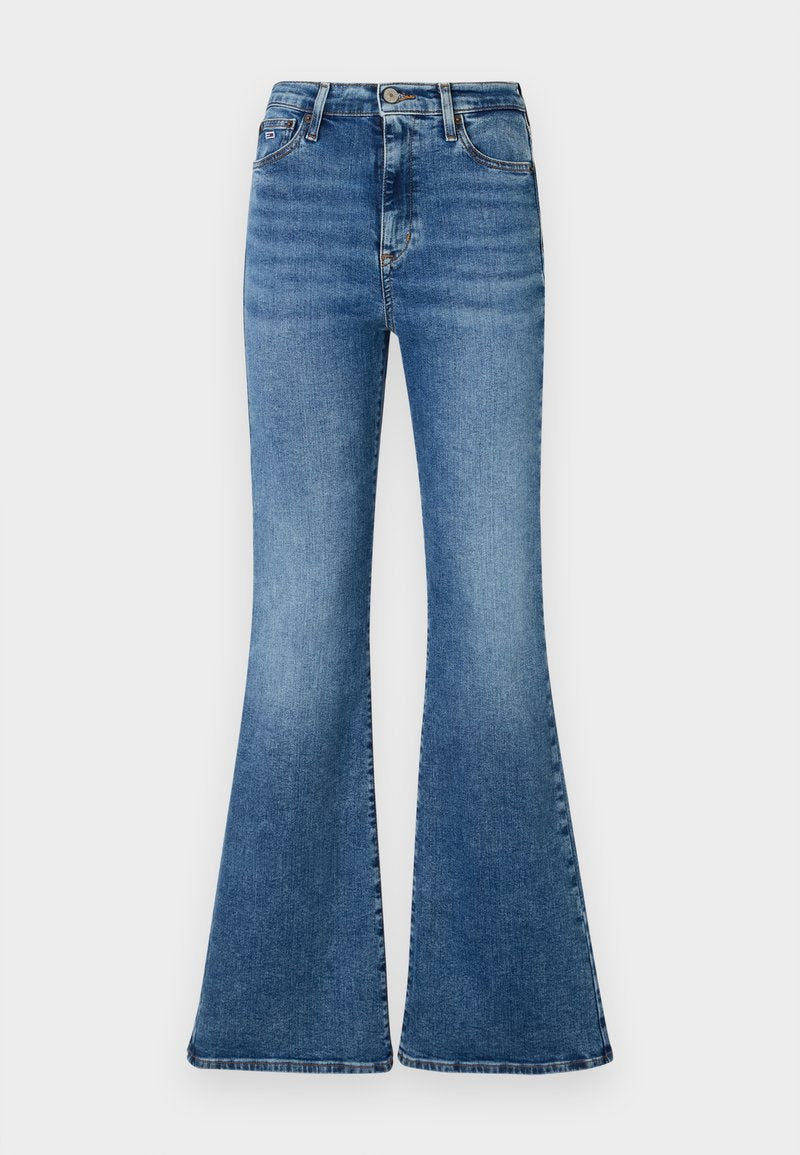 Ausgestellte blaue Jeans aus Denim mit hoher Taille, leichter Ausbleichung und klassischem Fünf-Taschen-Design.