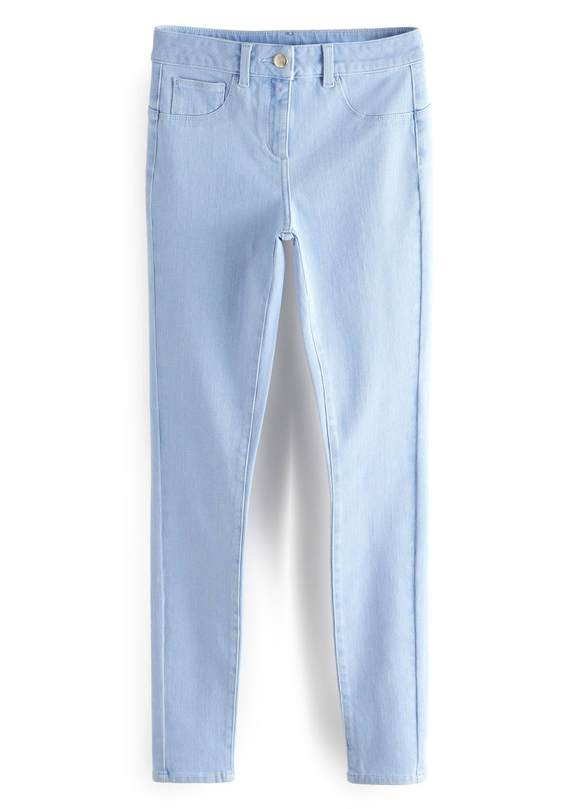 Hellblaue Jeans im Skinny-Schnitt mit fünf Taschen, Knopfverschluss und leichtem Stretch. Glatte Textur, taillierte Passform und knöchellange Säume.