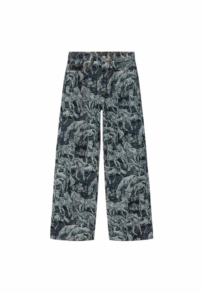Weit geschnittene Jeans aus Denim mit durchgehendem schwarz-weißem Pferdemotiv, mit vorderen Taschen und einem Bund mit Knopfverschluss.
