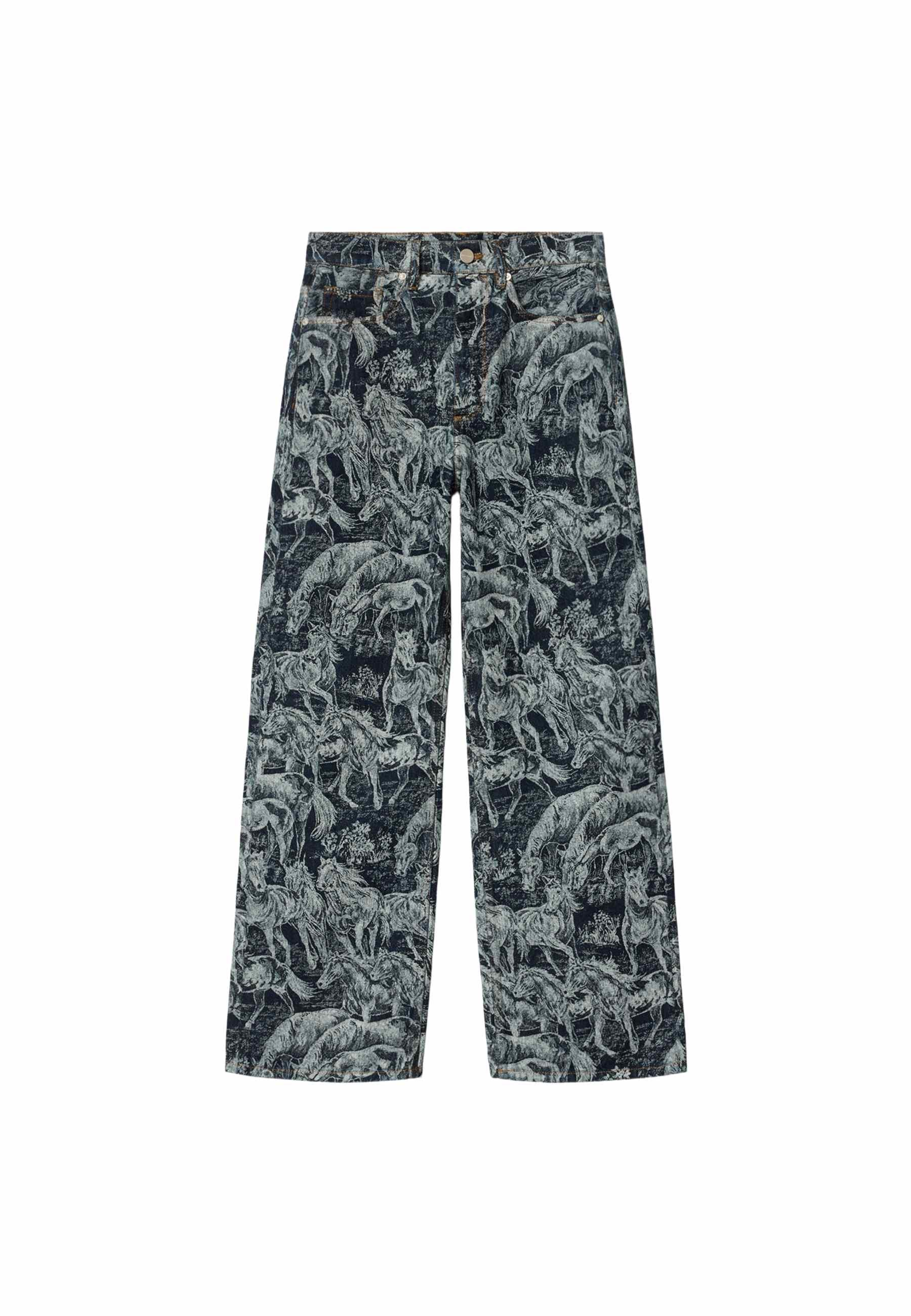 Weit geschnittene Jeans aus Denim mit durchgehendem schwarz-weißem Pferdemotiv, mit vorderen Taschen und einem Bund mit Knopfverschluss.