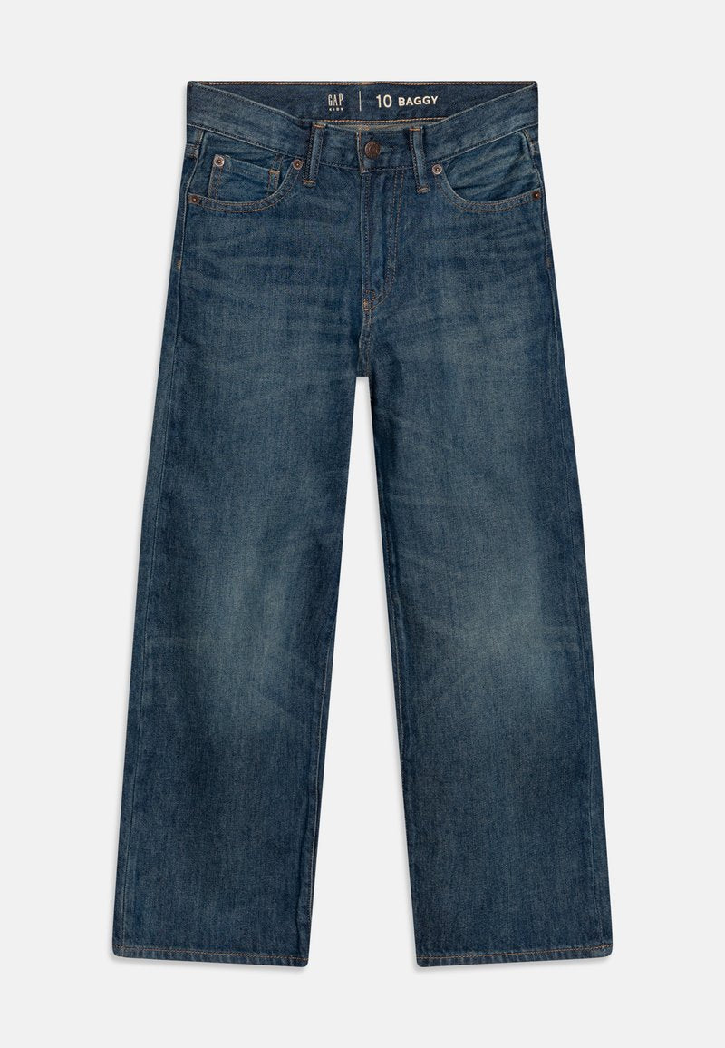 Baggy blaue Jeans aus Denim mit einem Fünf-Taschen-Design, sichtbaren Nähten, einem Knopfverschluss und einer leicht ausgebleichten Textur.