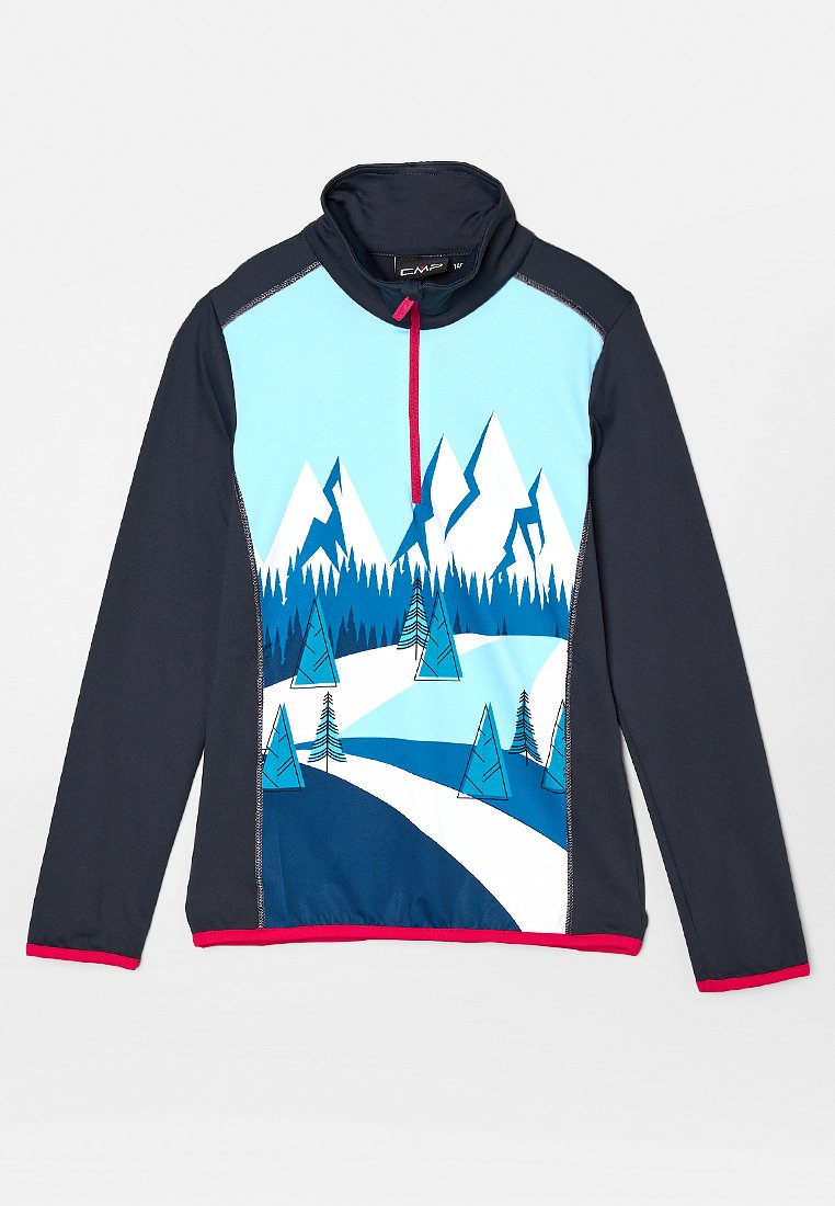 Langärmliger Pullover mit hohem Kragen. Verfügt über eine blaue Berggrafik, einen dunkelblauen Körper und pinke Akzente entlang des Saums und des Reißverschlusses.