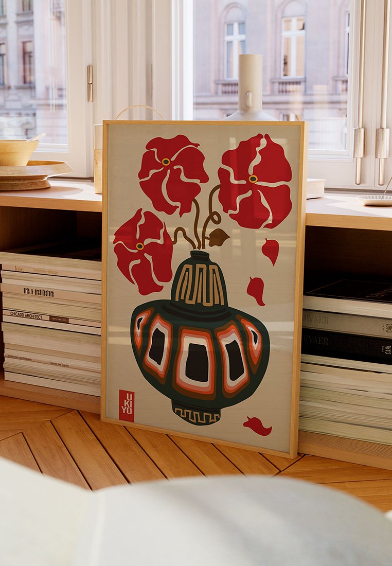 Poster and Frame UKIYO VASE FLOWER GREIGE