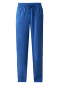 Blaue Hose mit elastischem Bund und Kordelzug. Glatte Textur, gerader Schnitt und keine sichtbaren Taschen oder Verzierungen.