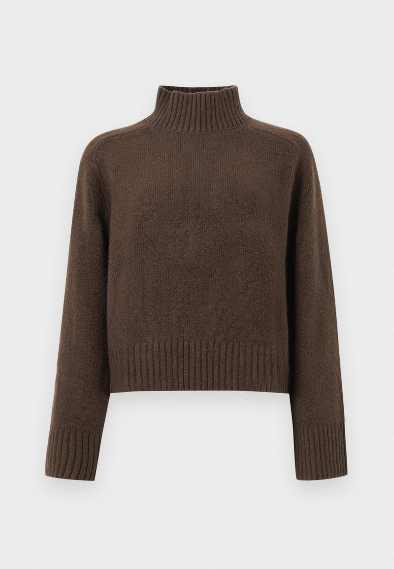 Dunkelbrauner, langärmliger Strickpullover mit geripptem Stehkragen, Bündchen und Saum, auf weißem Hintergrund dargestellt.